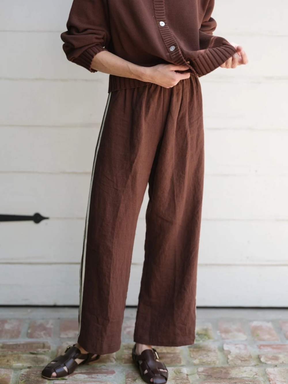 DONNI. Linen Crop Stripe Pant in Walnut - Size Small